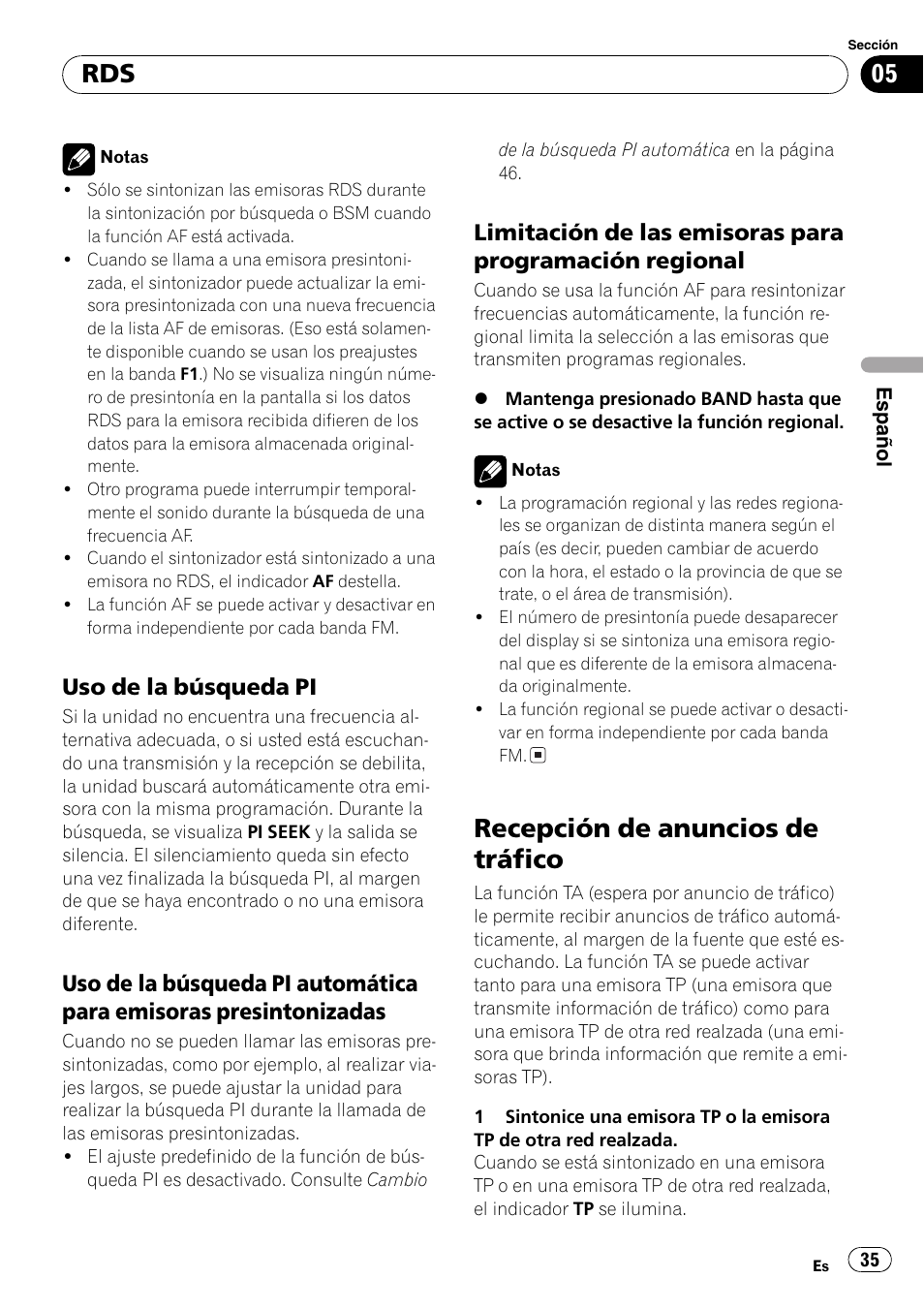 Uso de la búsqueda pi 35, Uso de la búsqueda pi automática, Para emisoras presintonizadas 35 | Limitación de las emisoras para, Programación regional 35, Recepción de anuncios de tráfico 35, Recepción de anuncios de tráfico, Uso de la búsqueda pi | Pioneer DEH-3700MP User Manual | Page 35 / 90