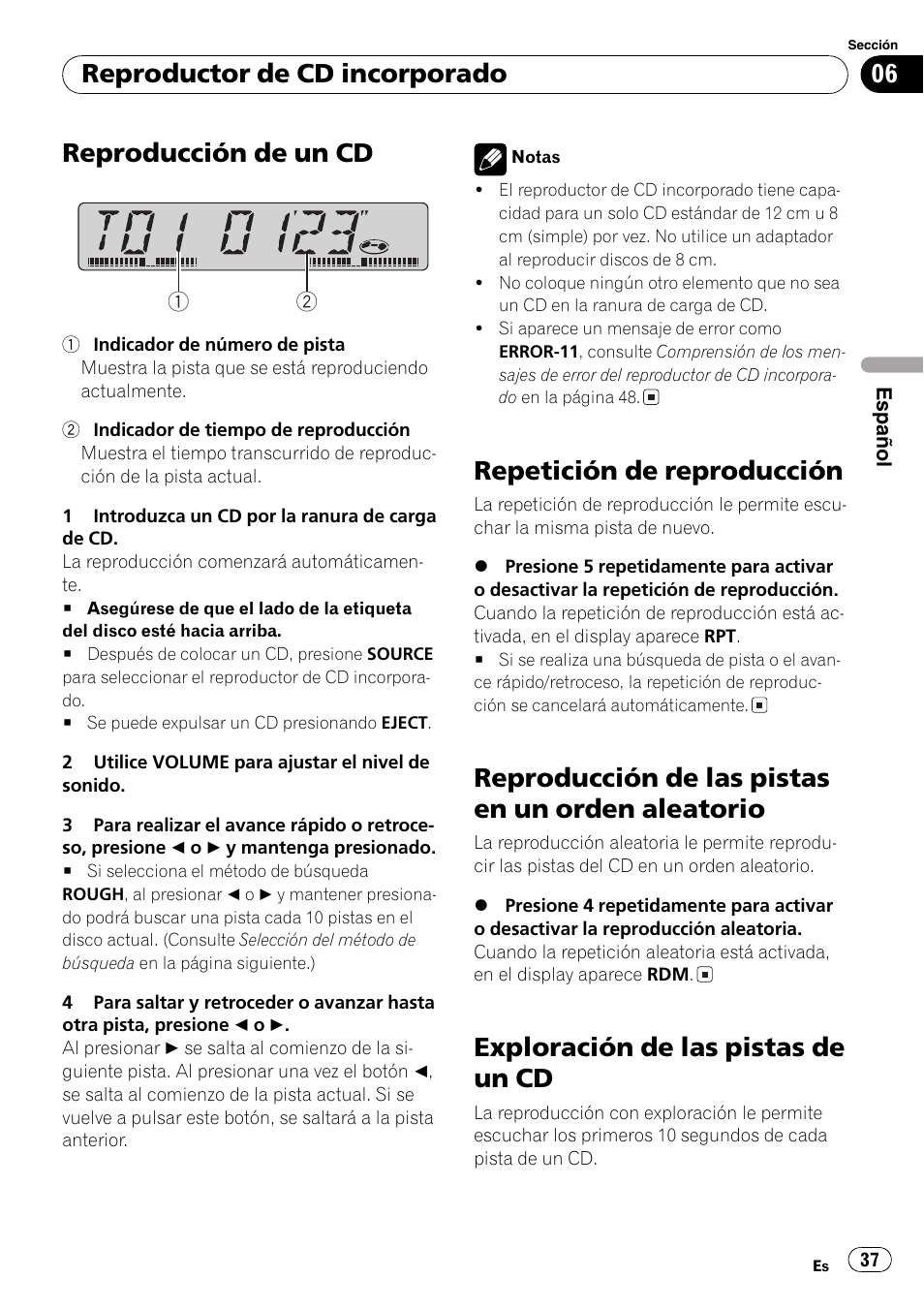 Reproductor de cd incorporado, Reproducción de un cd 37, Repetición de reproducción 37 | Reproducción de las pistas en un orden, Aleatorio 37, Exploración de las pistas de un cd 37, Reproducción de un cd, Repetición de reproducción, Reproducción de las pistas en un orden aleatorio, Exploración de las pistas de un cd | Pioneer DEH-3700MP User Manual | Page 37 / 90
