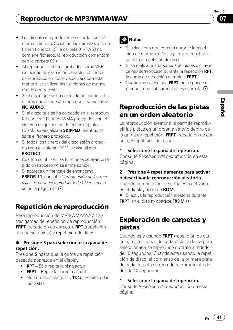 Repetición de reproducción 41, Reproducción de las pistas en un orden, Aleatorio 41 | Exploración de carpetas y pistas 41, Repetición de reproducción, Reproducción de las pistas en un orden aleatorio, Exploración de carpetas y pistas, Reproductor de mp3/wma/wav | Pioneer DEH-3700MP User Manual | Page 41 / 90
