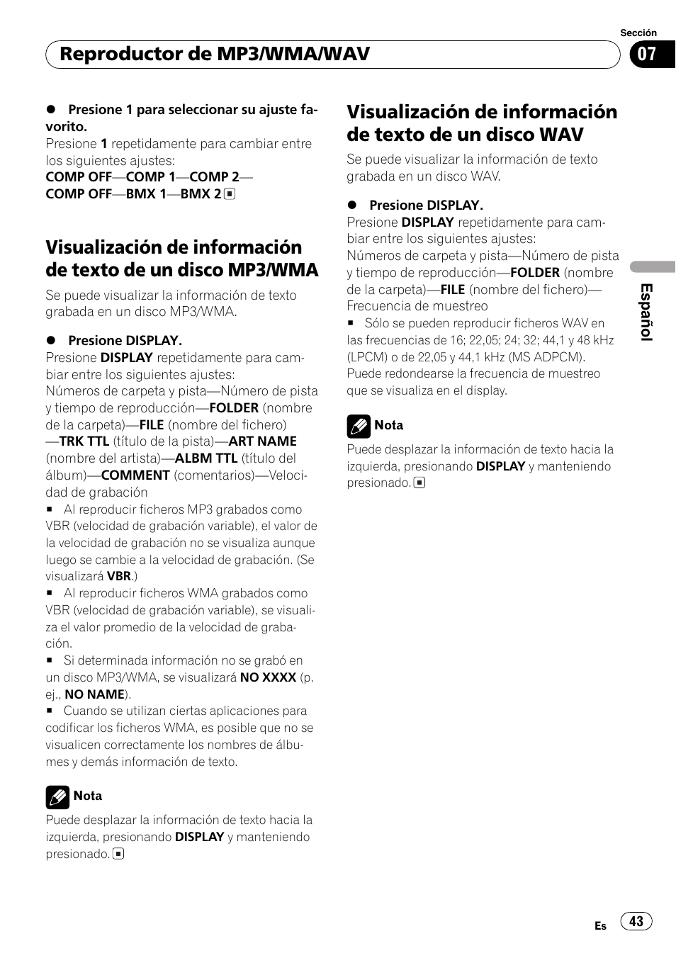 Visualización de información de texto de un, Disco mp3/wma 43, Disco wav 43 | Reproductor de mp3/wma/wav | Pioneer DEH-3700MP User Manual | Page 43 / 90