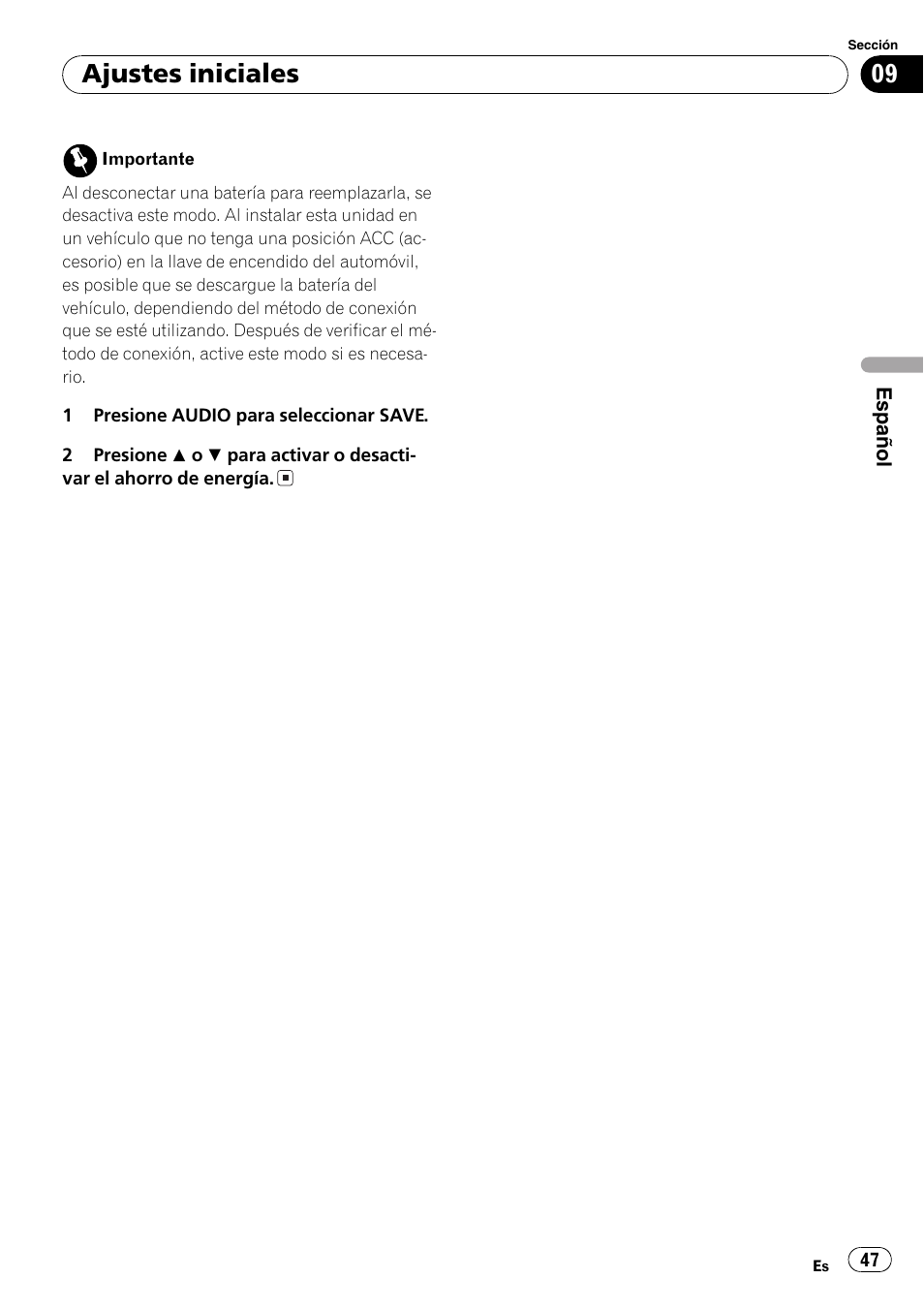Ajustes iniciales | Pioneer DEH-3700MP User Manual | Page 47 / 90