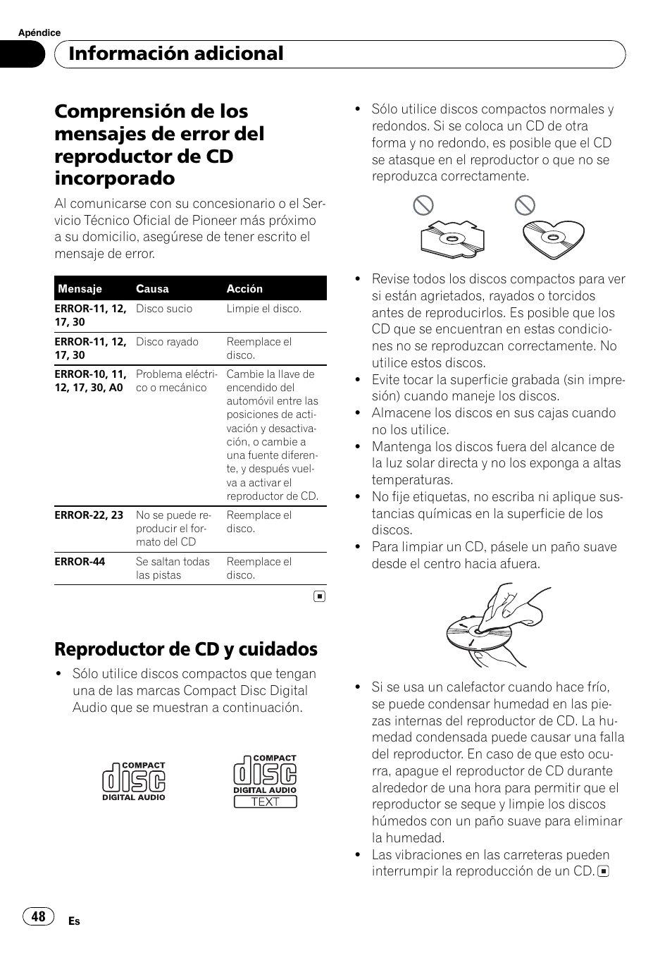 Información adicional, Comprensión de los mensajes de error del, Reproductor de cd incorporado 48 | Reproductor de cd y cuidados 48, Reproductor de cd y cuidados | Pioneer DEH-3700MP User Manual | Page 48 / 90