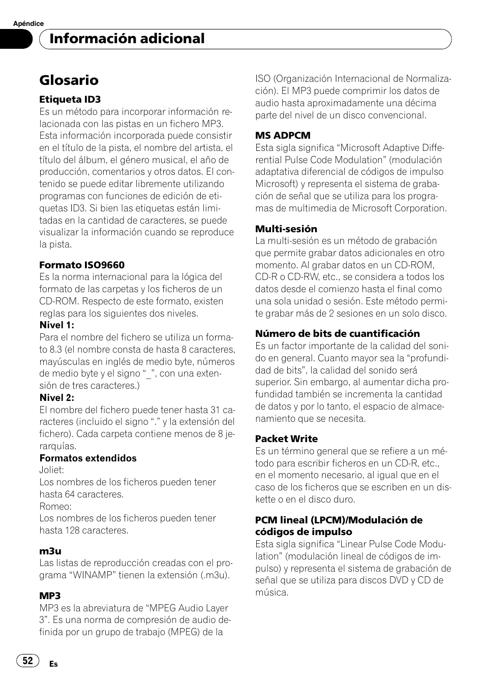 Glosario 52, Glosario, Información adicional | Pioneer DEH-3700MP User Manual | Page 52 / 90