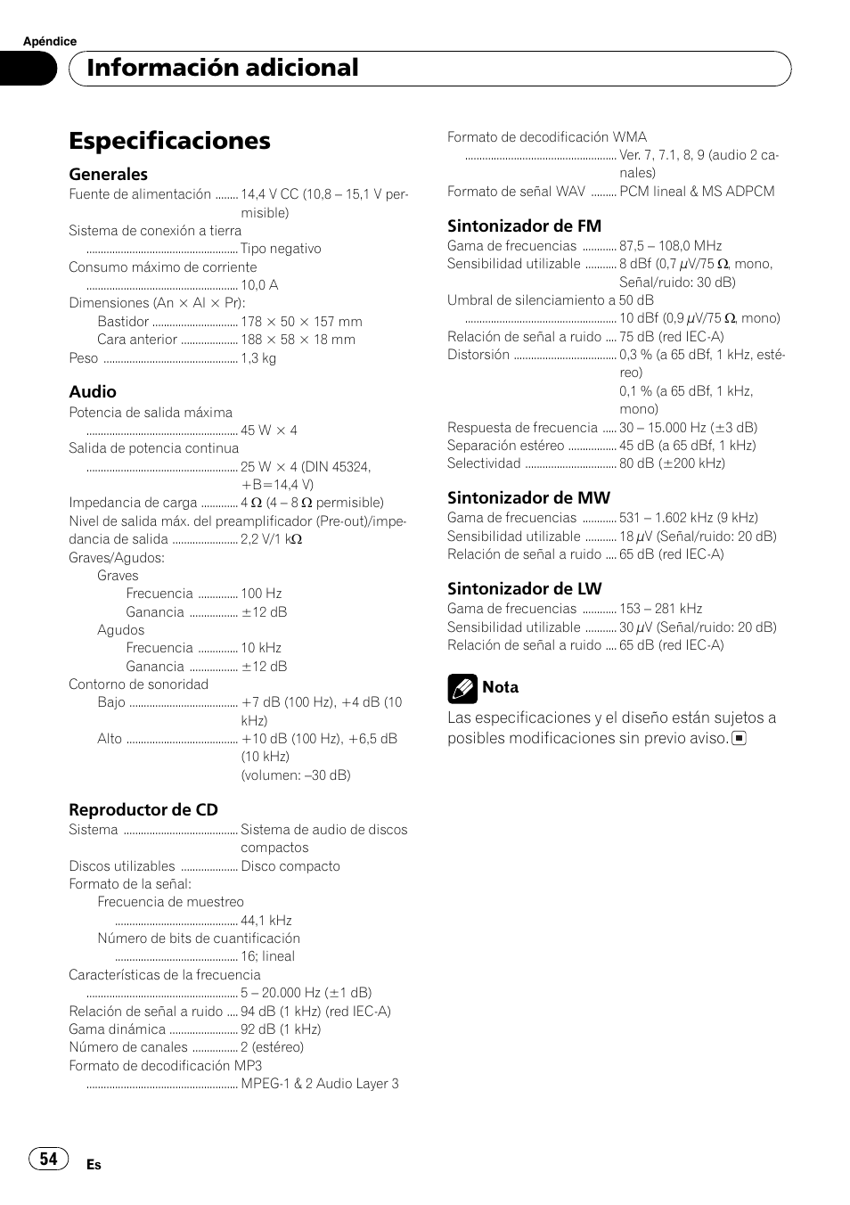 Especificaciones 54, Especificaciones, Información adicional | Pioneer DEH-3700MP User Manual | Page 54 / 90