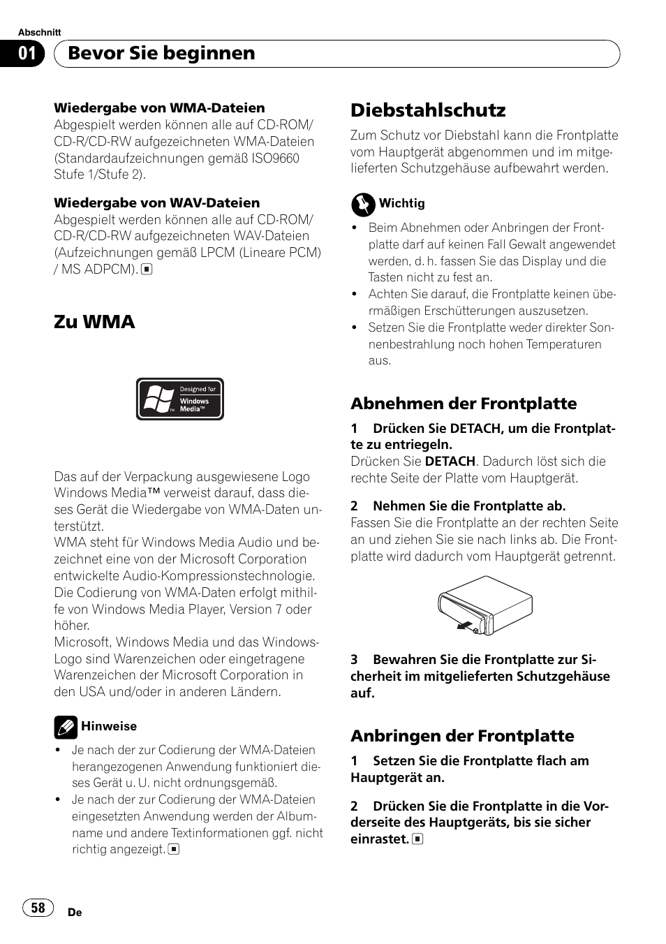 Zu wma 58, Diebstahlschutz 58, Abnehmen der frontplatte 58 | Anbringen der frontplatte 58, Zu wma, Diebstahlschutz, Bevor sie beginnen, Abnehmen der frontplatte, Anbringen der frontplatte | Pioneer DEH-3700MP User Manual | Page 58 / 90