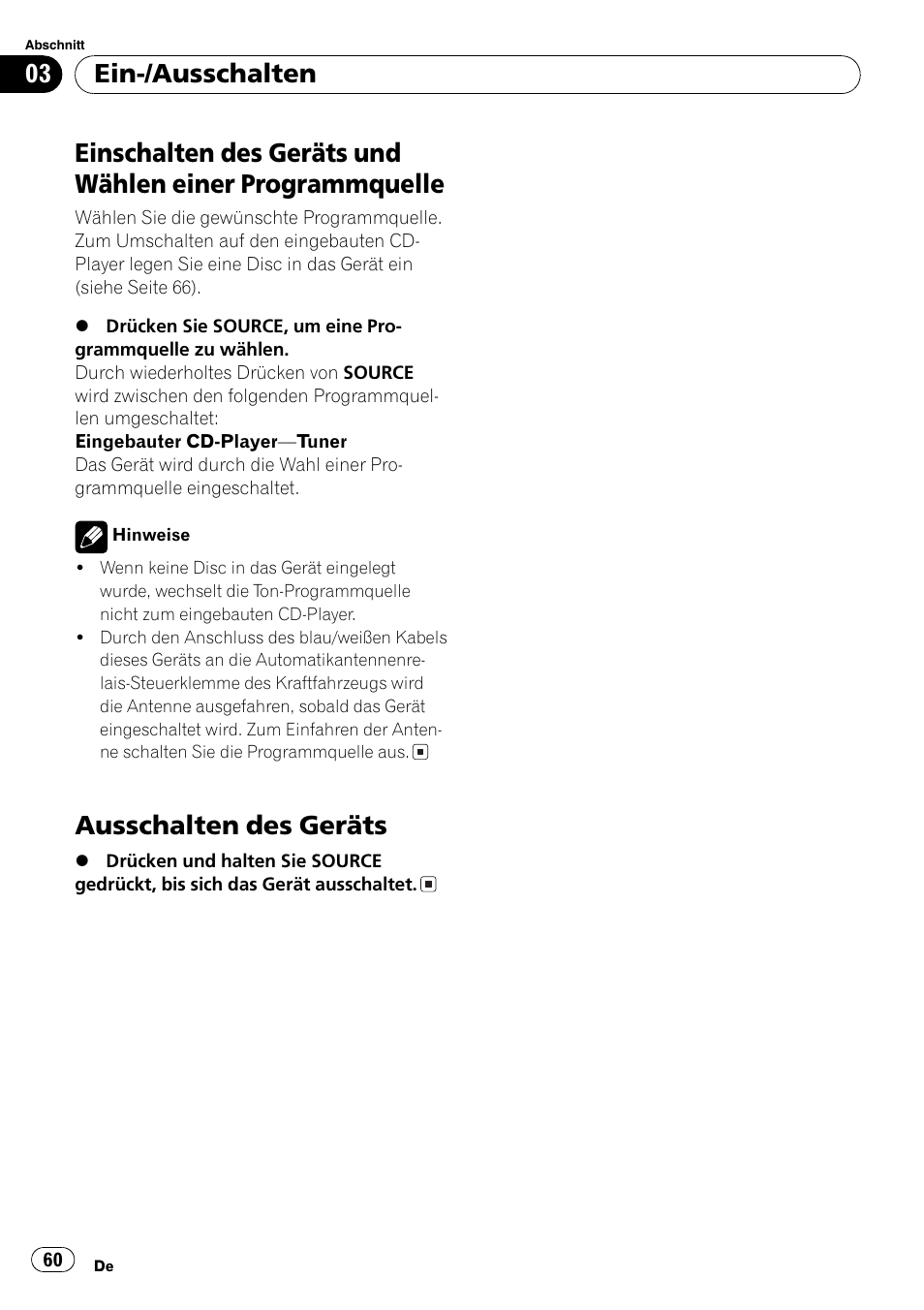 Ein-/ausschalten, Einschalten des geräts und wählen einer, Programmquelle 60 | Ausschalten des geräts 60, Ausschalten des geräts | Pioneer DEH-3700MP User Manual | Page 60 / 90