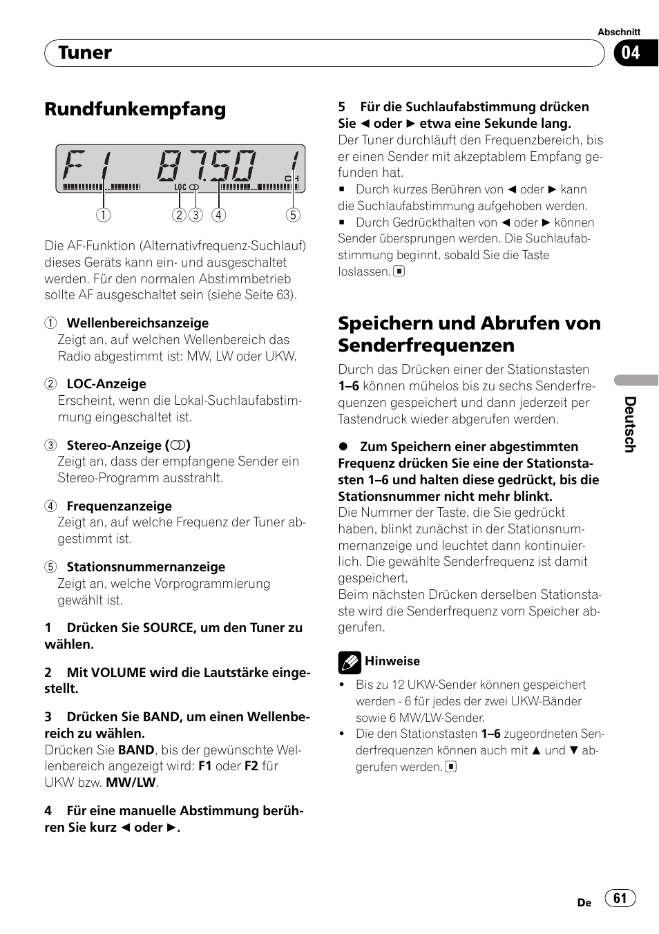 Tuner, Rundfunkempfang 61, Speichern und abrufen von | Senderfrequenzen 61, Rundfunkempfang, Speichern und abrufen von senderfrequenzen | Pioneer DEH-3700MP User Manual | Page 61 / 90