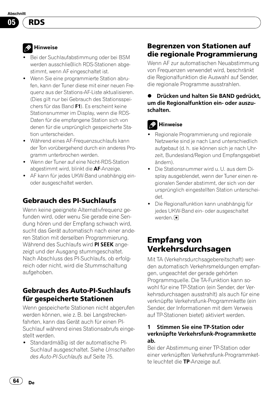 Gebrauch des pi-suchlaufs 64, Gebrauch des auto-pi-suchlaufs für, Gespeicherte stationen 64 | Begrenzen von stationen auf die, Regionale programmierung 64, Empfang von verkehrsdurchsagen 64, Empfang von verkehrsdurchsagen, Gebrauch des pi-suchlaufs | Pioneer DEH-3700MP User Manual | Page 64 / 90