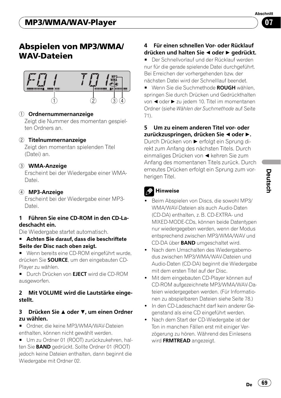 Mp3/wma/wav-player, Abspielen von mp3/wma/wav-dateien 69, Abspielen von mp3/wma/ wav-dateien | Pioneer DEH-3700MP User Manual | Page 69 / 90