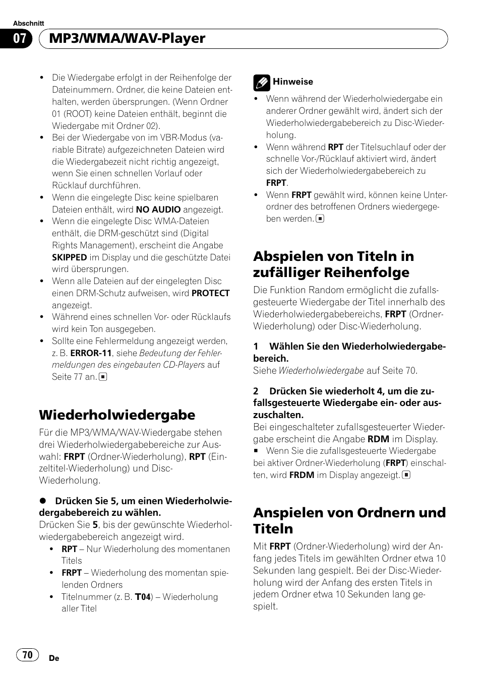 Wiederholwiedergabe 70, Abspielen von titeln in zufälliger, Reihenfolge 70 | Anspielen von ordnern und titeln 70, Wiederholwiedergabe, Abspielen von titeln in zufälliger reihenfolge, Anspielen von ordnern und titeln, Mp3/wma/wav-player | Pioneer DEH-3700MP User Manual | Page 70 / 90
