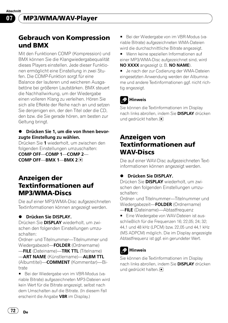 Gebrauch von kompression und bmx 72, Anzeigen der textinformationen auf mp3, Wma-discs 72 | Anzeigen von textinformationen auf wav, Discs 72, Gebrauch von kompression und bmx, Anzeigen der textinformationen auf mp3/wma-discs, Anzeigen von textinformationen auf wav-discs, Mp3/wma/wav-player | Pioneer DEH-3700MP User Manual | Page 72 / 90