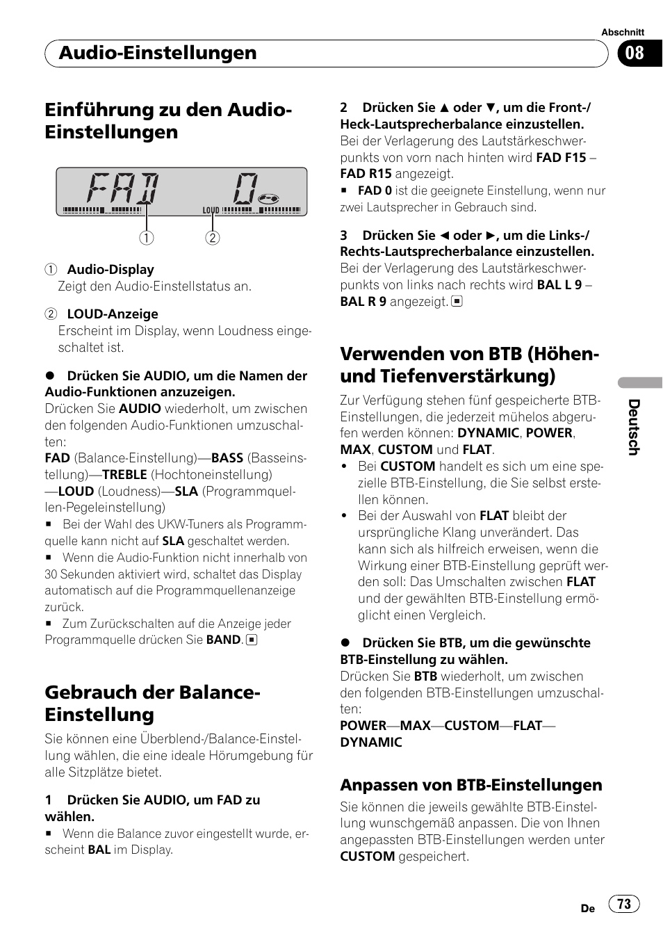 Audio-einstellungen, Einführung zu den audio-einstellungen 73, Gebrauch der balance-einstellung 73 | Verwenden von btb (höhen- und, Tiefenverstärkung) 73, Anpassen von btb-einstellungen 73, Einführung zu den audio- einstellungen, Gebrauch der balance- einstellung, Verwenden von btb (höhen- und tiefenverstärkung) | Pioneer DEH-3700MP User Manual | Page 73 / 90