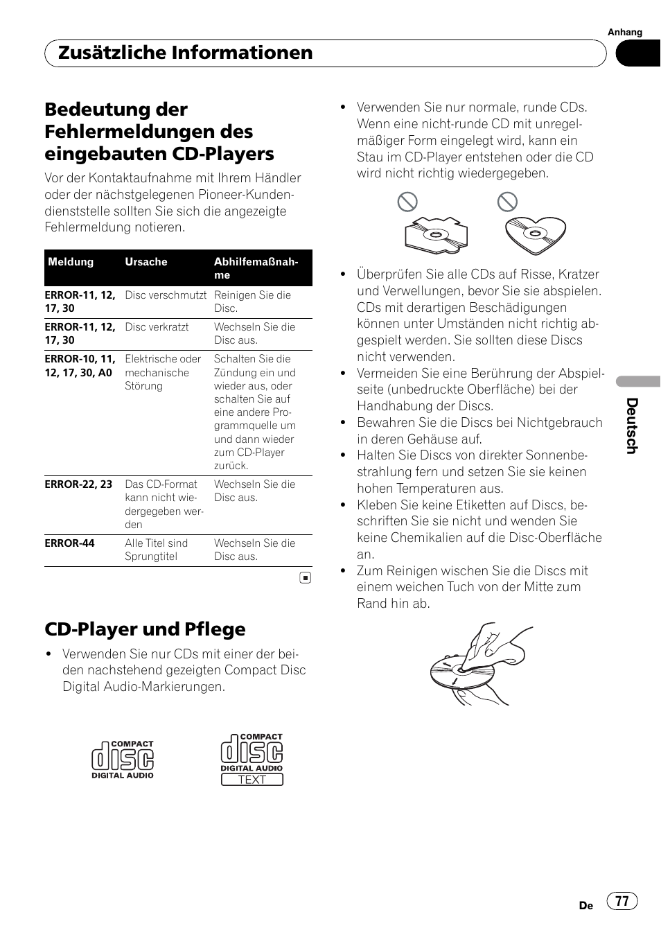 Zusätzliche informationen, Bedeutung der fehlermeldungen des, Eingebauten cd-players 77 | Cd-player und pflege 77, Cd-player und pflege, Deutsch | Pioneer DEH-3700MP User Manual | Page 77 / 90