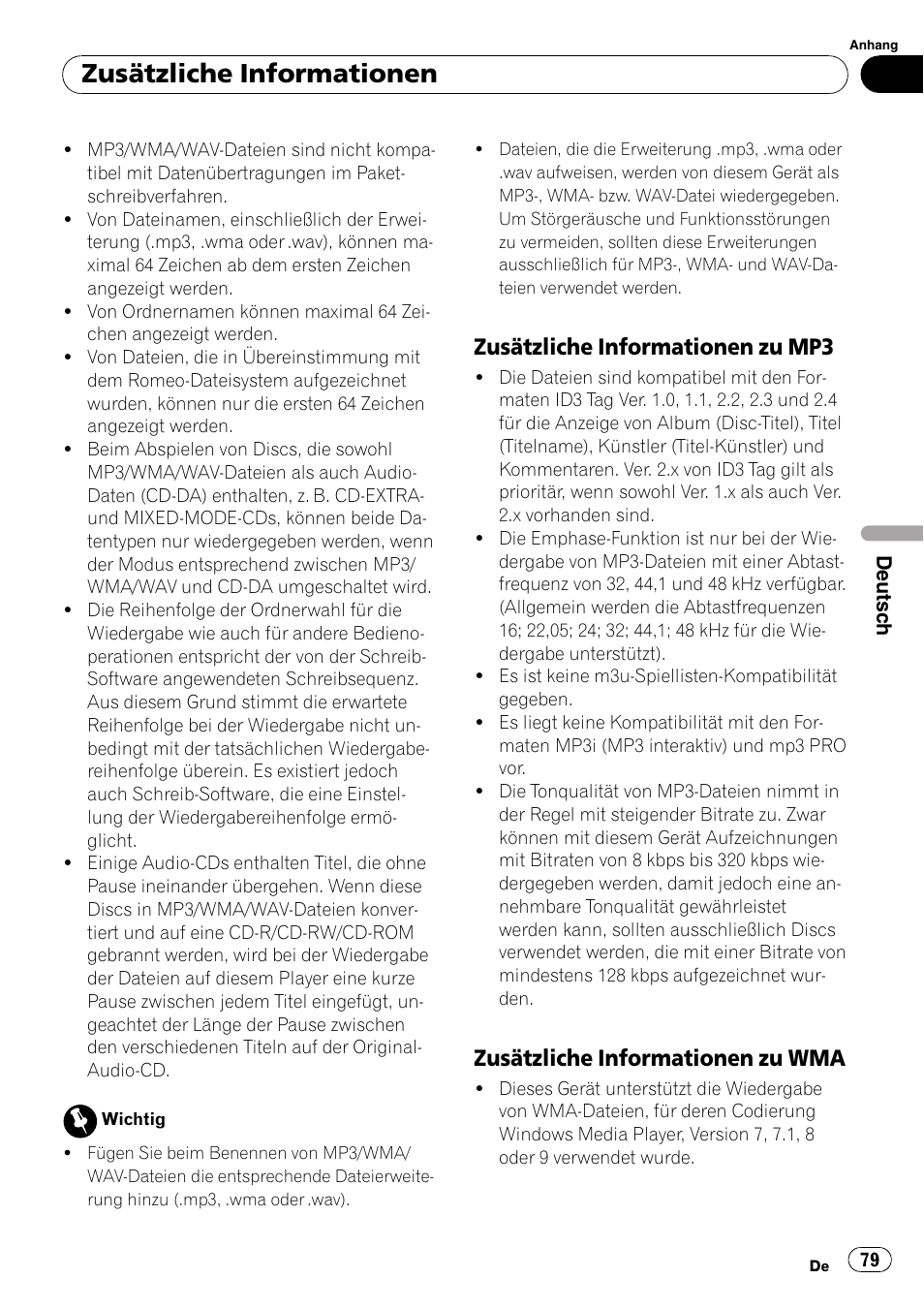 Zusätzliche informationen zu, Mp3 79, Wma 79 | Zusätzliche informationen, Zusätzliche informationen zu mp3, Zusätzliche informationen zu wma | Pioneer DEH-3700MP User Manual | Page 79 / 90