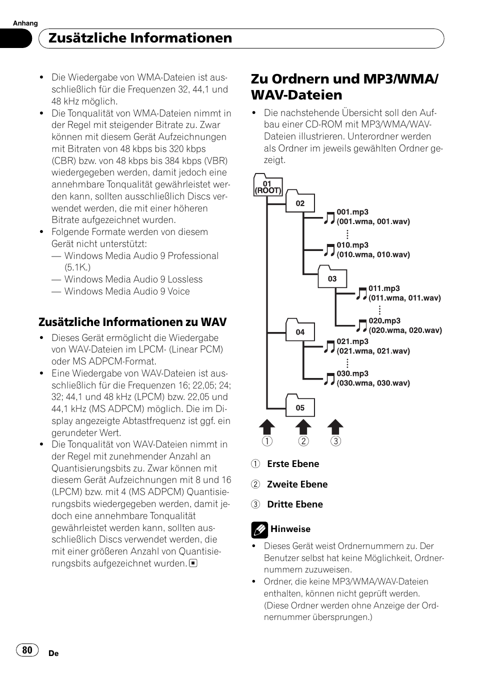 Zusätzliche informationen zu, Wav 80, Zu ordnern und mp3/wma/wav | Dateien 80, Zu ordnern und mp3/wma/ wav-dateien, Zusätzliche informationen, Zusätzliche informationen zu wav | Pioneer DEH-3700MP User Manual | Page 80 / 90