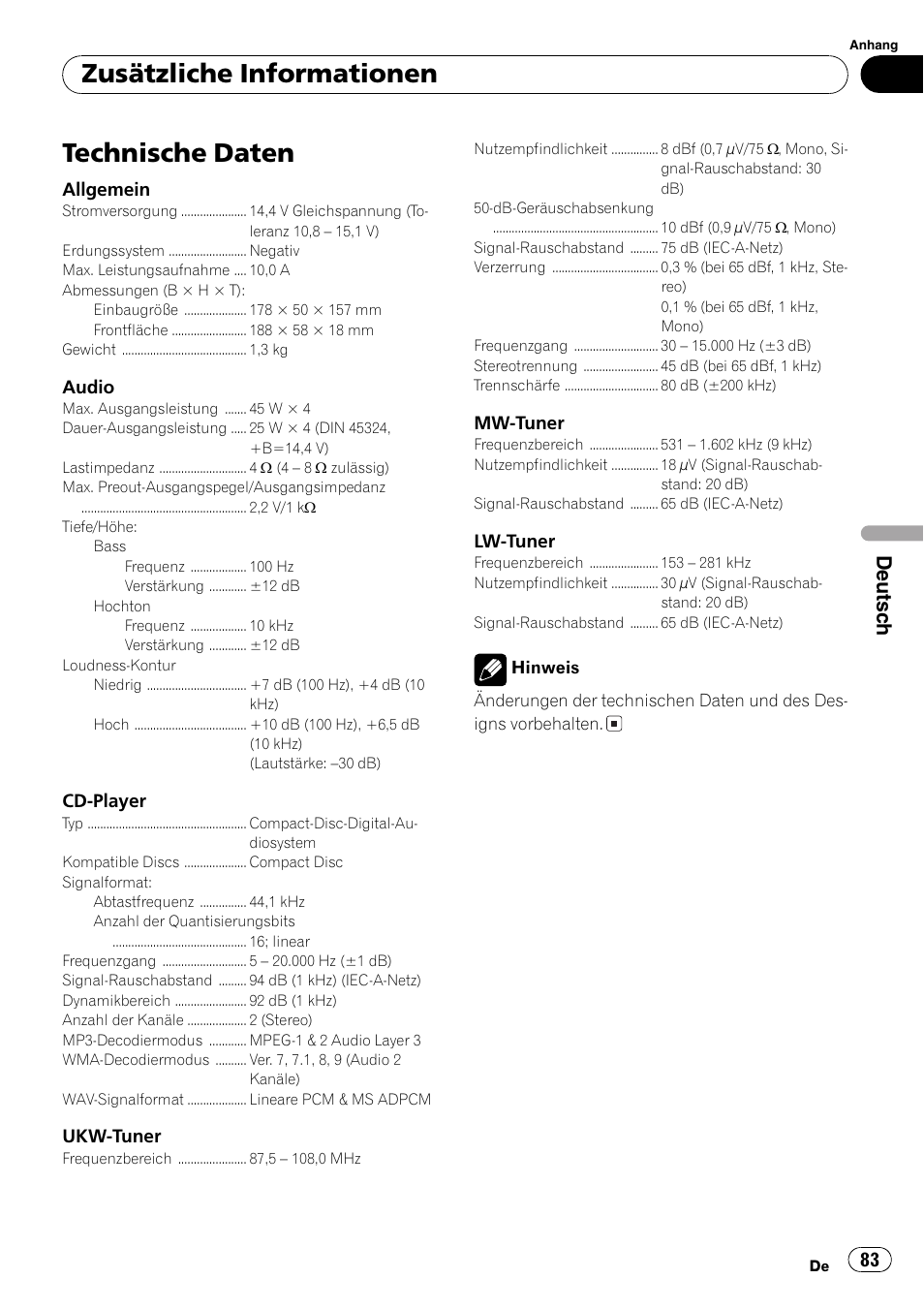 Technische daten 83, Technische daten, Zusätzliche informationen | Deutsch | Pioneer DEH-3700MP User Manual | Page 83 / 90