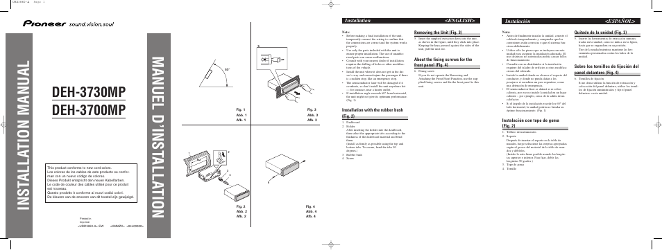 Inst alla tion manual manuel d’inst alla tion, Instalación <español, Installation <english | Pioneer DEH-3700MP User Manual | Page 85 / 90