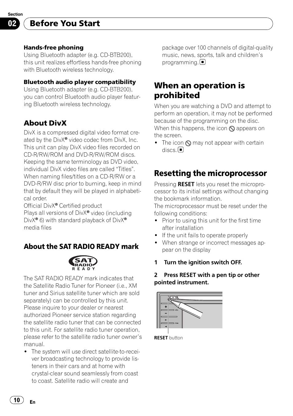 When an operation is prohibited 10, When an operation is prohibited, Resetting the microprocessor | Before you start, About divx, About the sat radio ready mark | Pioneer DVD AV RECEIVER AVH-P3100DVD User Manual | Page 10 / 117