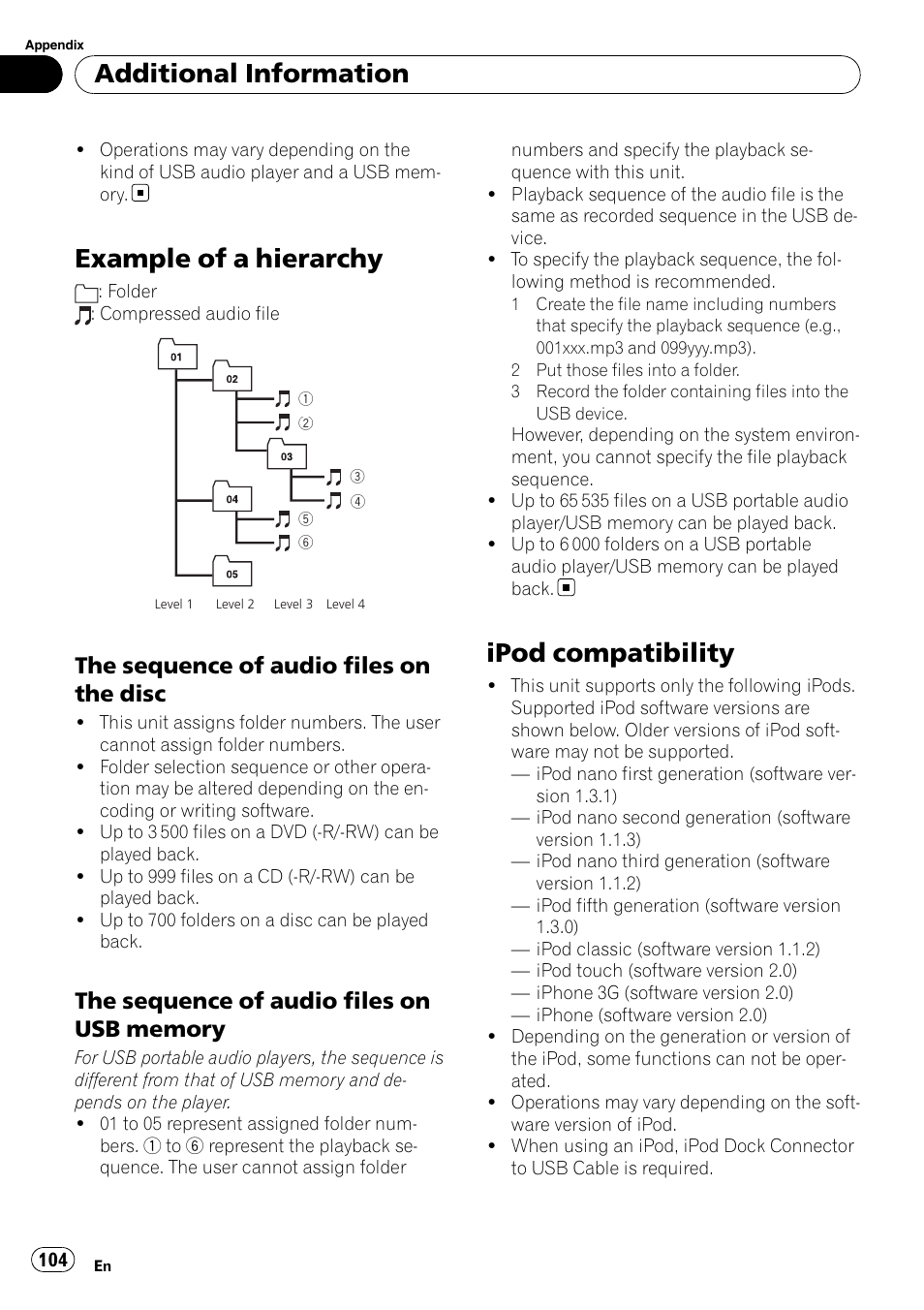 Example of a hierarchy, Ipod compatibility, Additional information | The sequence of audio files on the disc | Pioneer DVD AV RECEIVER AVH-P3100DVD User Manual | Page 104 / 117