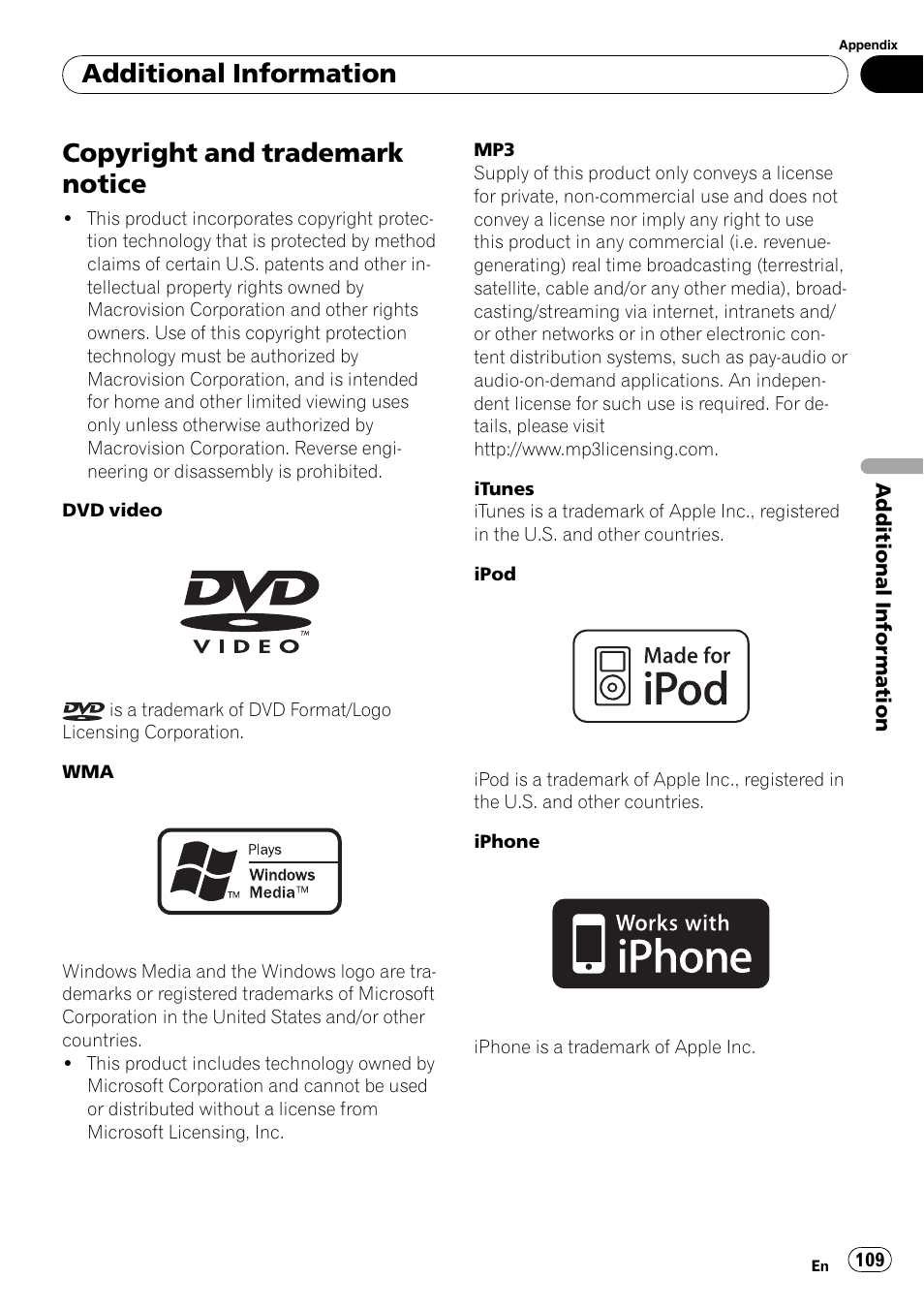 Copyright and trademark notice, Additional information | Pioneer DVD AV RECEIVER AVH-P3100DVD User Manual | Page 109 / 117