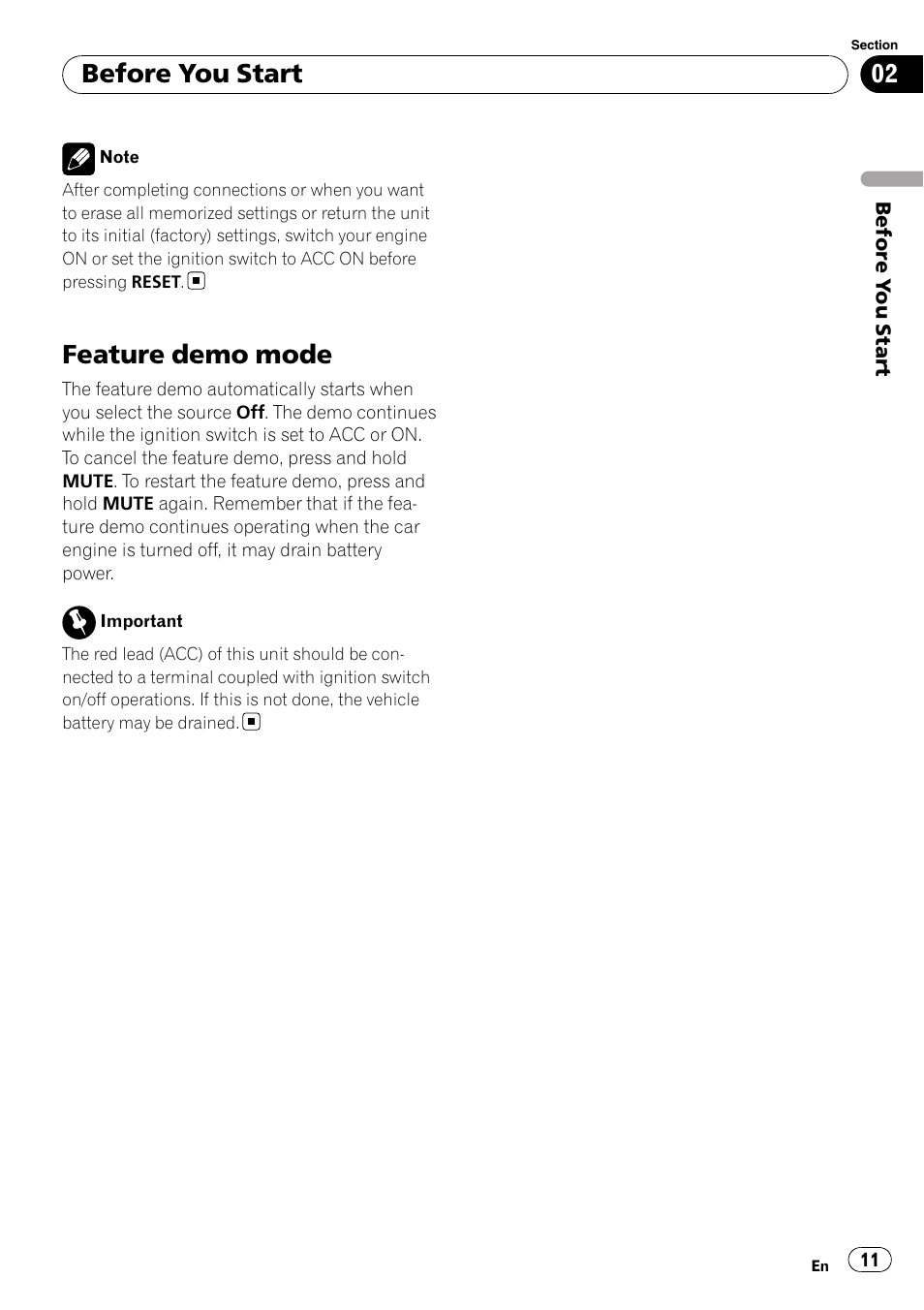 Feature demo mode, Before you start | Pioneer DVD AV RECEIVER AVH-P3100DVD User Manual | Page 11 / 117