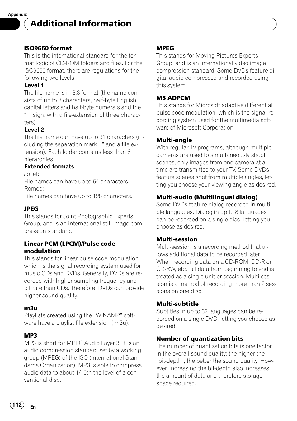 Additional information | Pioneer DVD AV RECEIVER AVH-P3100DVD User Manual | Page 112 / 117