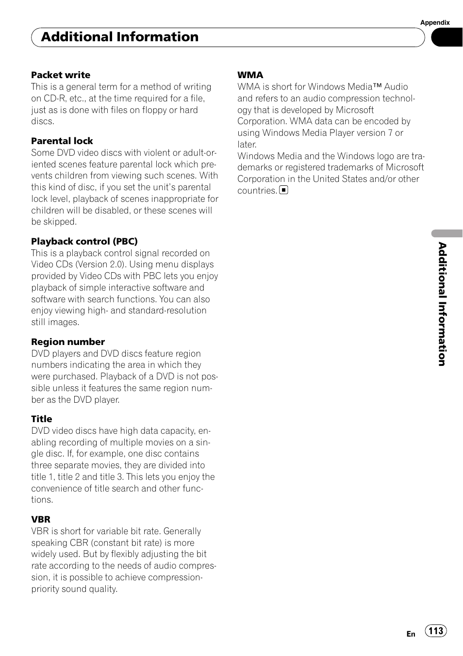 Additional information | Pioneer DVD AV RECEIVER AVH-P3100DVD User Manual | Page 113 / 117