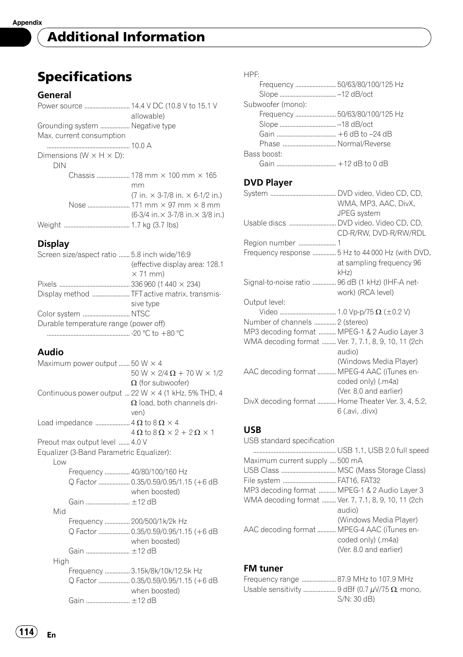 Specifications, Additional information | Pioneer DVD AV RECEIVER AVH-P3100DVD User Manual | Page 114 / 117