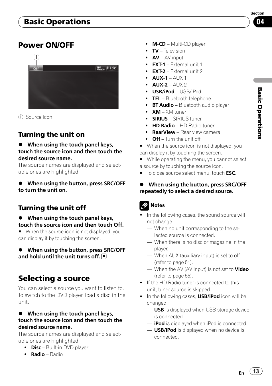 Basic operations power on/off, Selecting a source, Power on/off | Basic operations, Turning the unit on, Turning the unit off | Pioneer DVD AV RECEIVER AVH-P3100DVD User Manual | Page 13 / 117