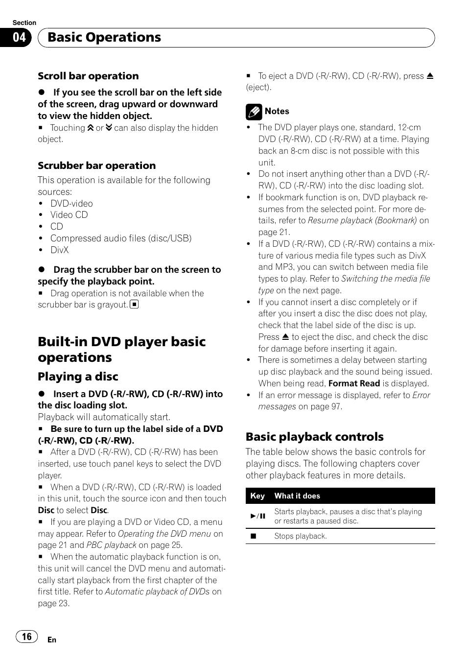 Built-in dvd player basic operations, Basic operations, Playing a disc | Basic playback controls | Pioneer DVD AV RECEIVER AVH-P3100DVD User Manual | Page 16 / 117