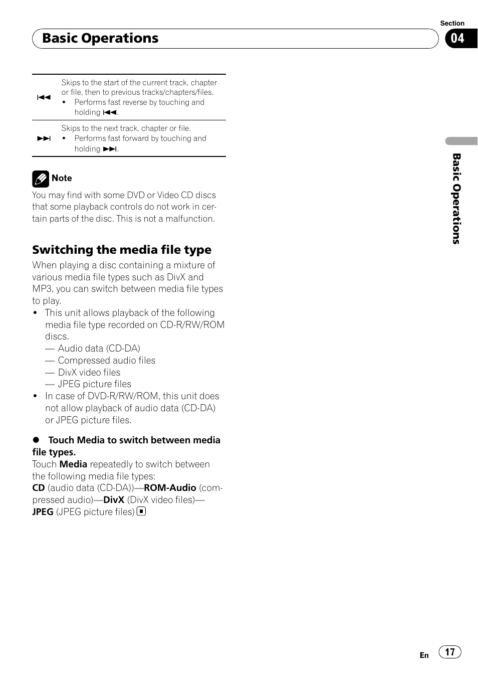 Basic operations, Switching the media file type | Pioneer DVD AV RECEIVER AVH-P3100DVD User Manual | Page 17 / 117