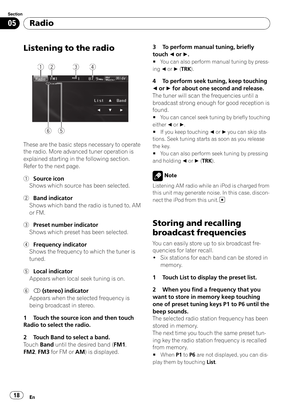 Radio listening to the radio, Storing and recalling broadcast, Frequencies | Listening to the radio, Storing and recalling broadcast frequencies, Radio | Pioneer DVD AV RECEIVER AVH-P3100DVD User Manual | Page 18 / 117