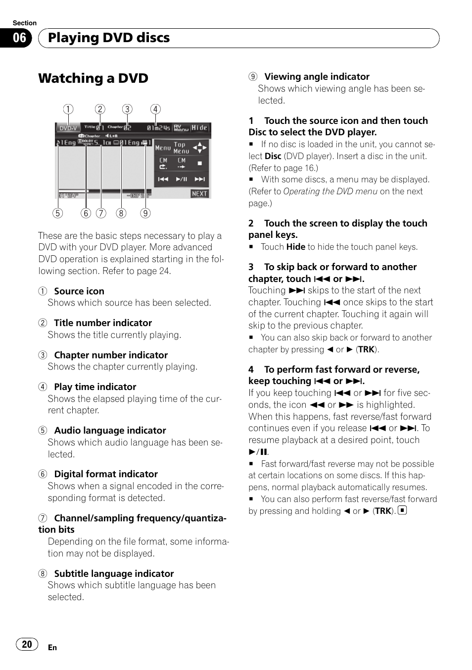 Playing dvd discs watching a dvd, Watching a dvd, Playing dvd discs | Pioneer DVD AV RECEIVER AVH-P3100DVD User Manual | Page 20 / 117