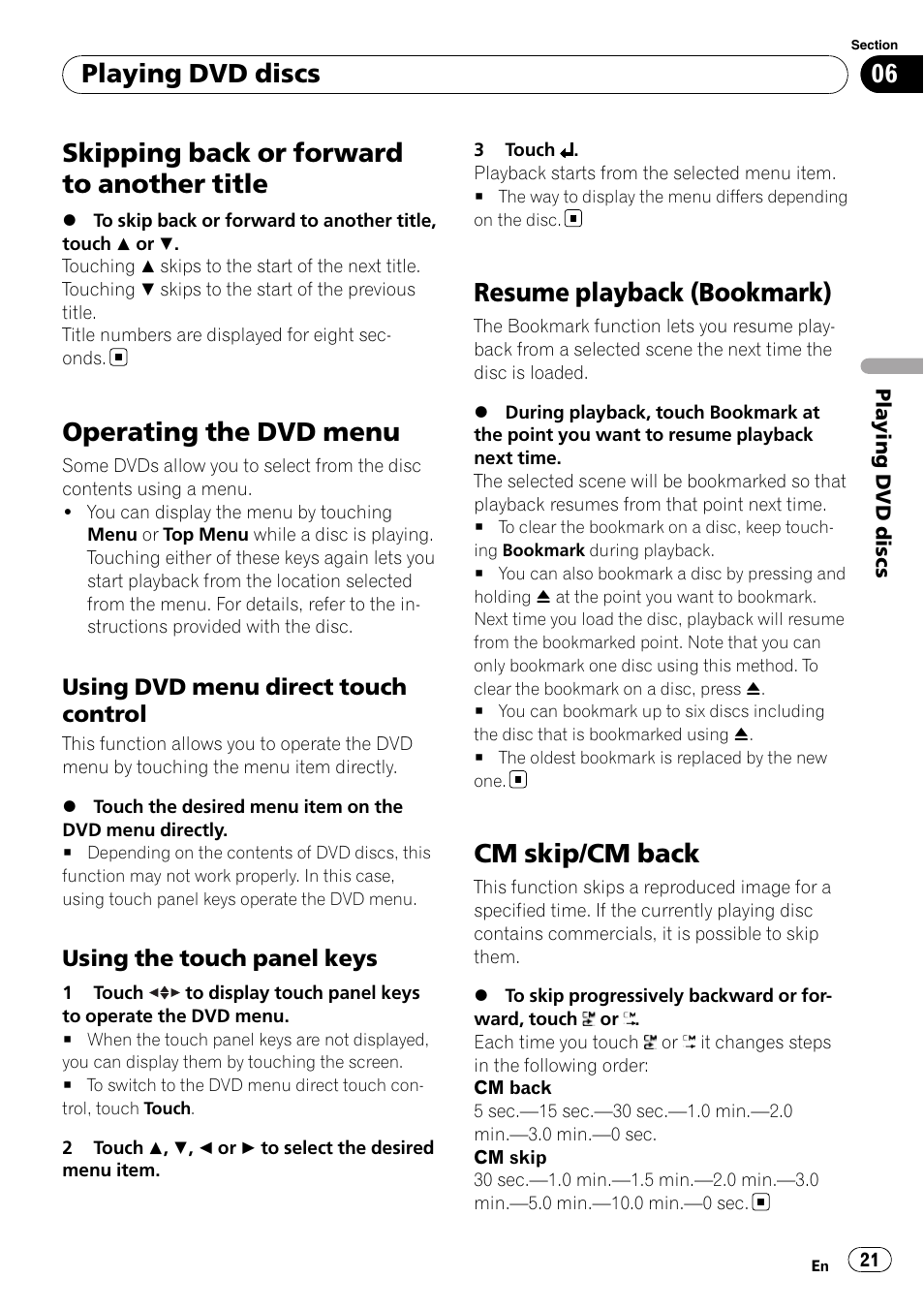 Skipping back or forward to another title, Operating the dvd menu, Resume playback (bookmark) | Cm skip/cm back, Playing dvd discs | Pioneer DVD AV RECEIVER AVH-P3100DVD User Manual | Page 21 / 117