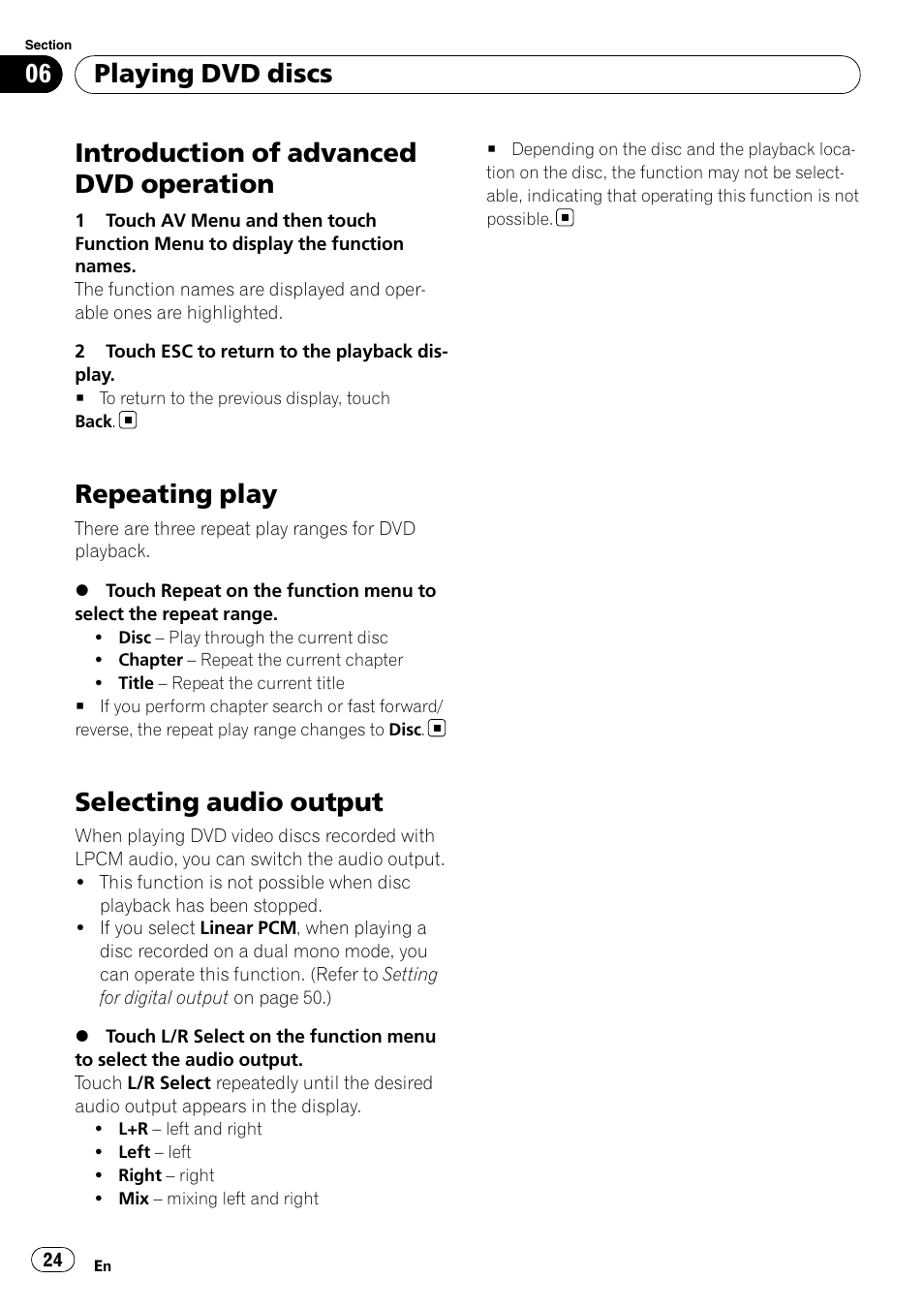 Introduction of advanced dvd operation, Repeating play, Selecting audio output | Playing dvd discs | Pioneer DVD AV RECEIVER AVH-P3100DVD User Manual | Page 24 / 117
