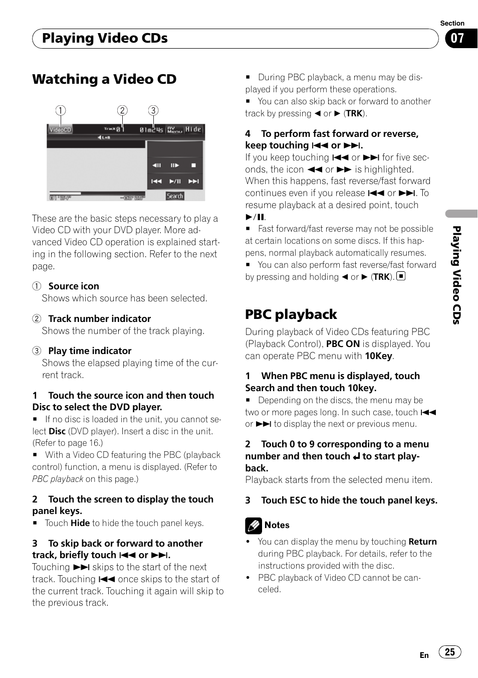 Playing video cds watching a video cd, Pbc playback, Watching a video cd | Playing video cds | Pioneer DVD AV RECEIVER AVH-P3100DVD User Manual | Page 25 / 117