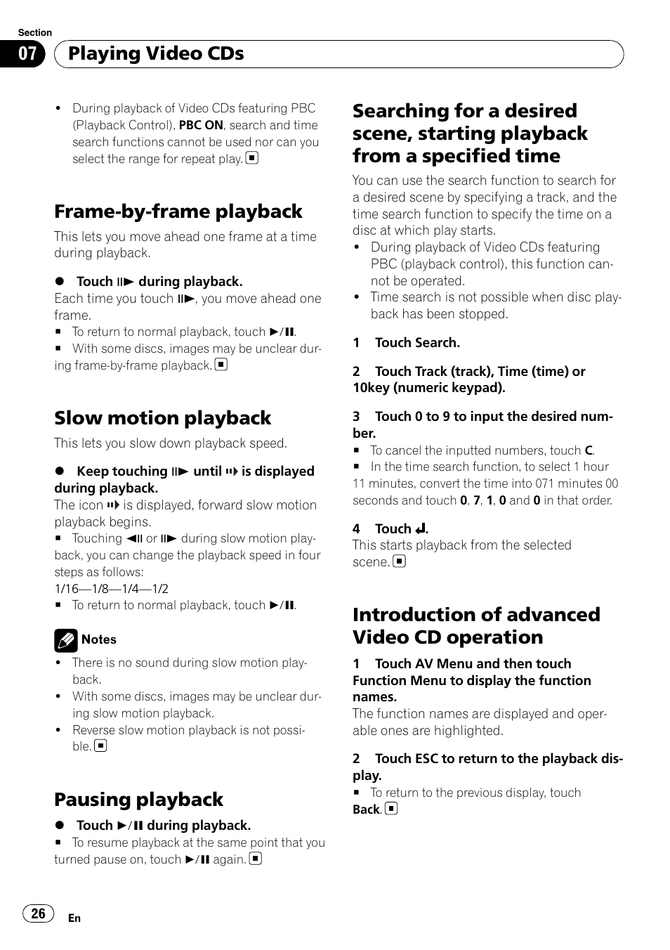 Frame-by-frame playback, Slow motion playback, Pausing playback | Searching for a desired scene, starting, Playback from a specified time, Introduction of advanced video cd, Operation, Introduction of advanced video cd operation, Playing video cds | Pioneer DVD AV RECEIVER AVH-P3100DVD User Manual | Page 26 / 117