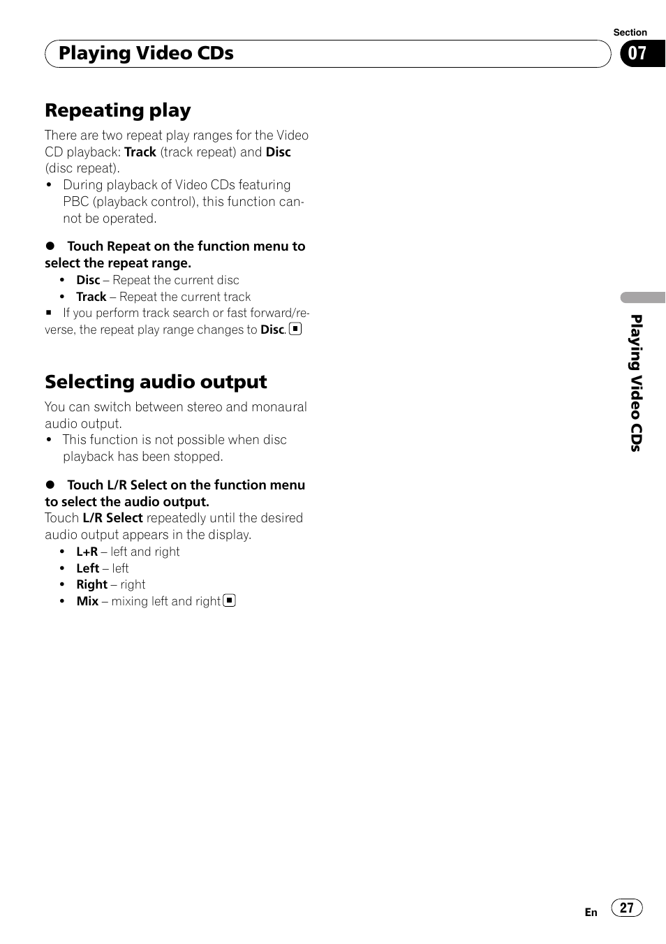 Repeating play, Selecting audio output, Playing video cds | Pioneer DVD AV RECEIVER AVH-P3100DVD User Manual | Page 27 / 117