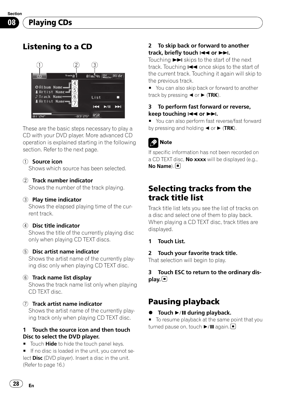 Playing cds listening to a cd, Selecting tracks from the track title list, Pausing playback | Listening to a cd, Playing cds | Pioneer DVD AV RECEIVER AVH-P3100DVD User Manual | Page 28 / 117