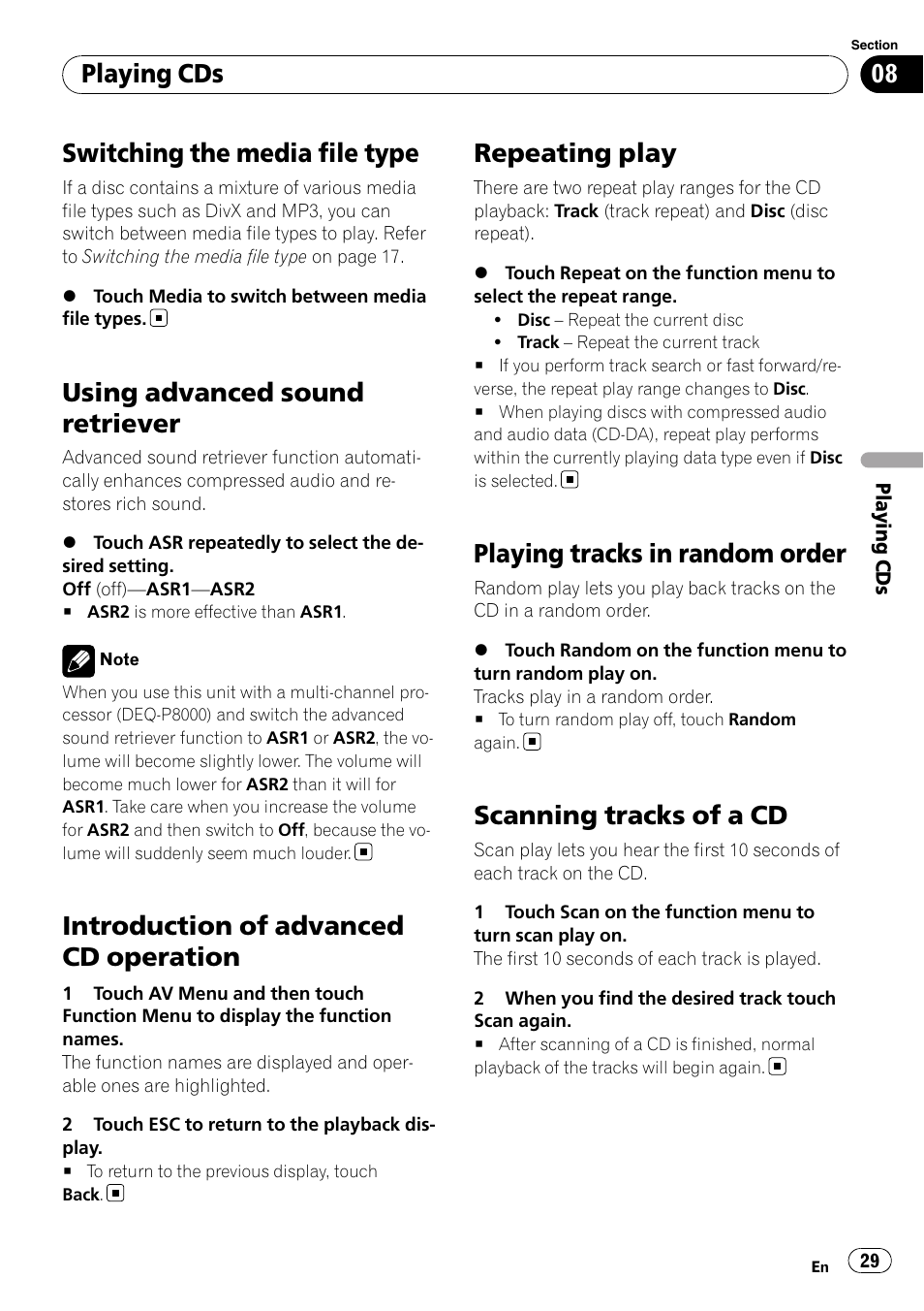 Switching the media file type, Using advanced sound retriever, Introduction of advanced cd operation | Repeating play, Playing tracks in random order, Scanning tracks of a cd, Playing cds | Pioneer DVD AV RECEIVER AVH-P3100DVD User Manual | Page 29 / 117