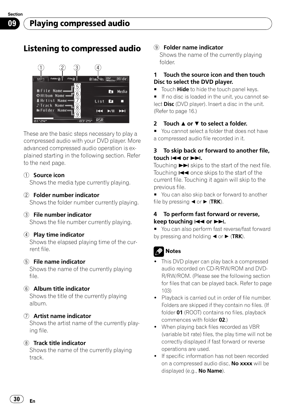 Listening to compressed audio, Playing compressed audio | Pioneer DVD AV RECEIVER AVH-P3100DVD User Manual | Page 30 / 117