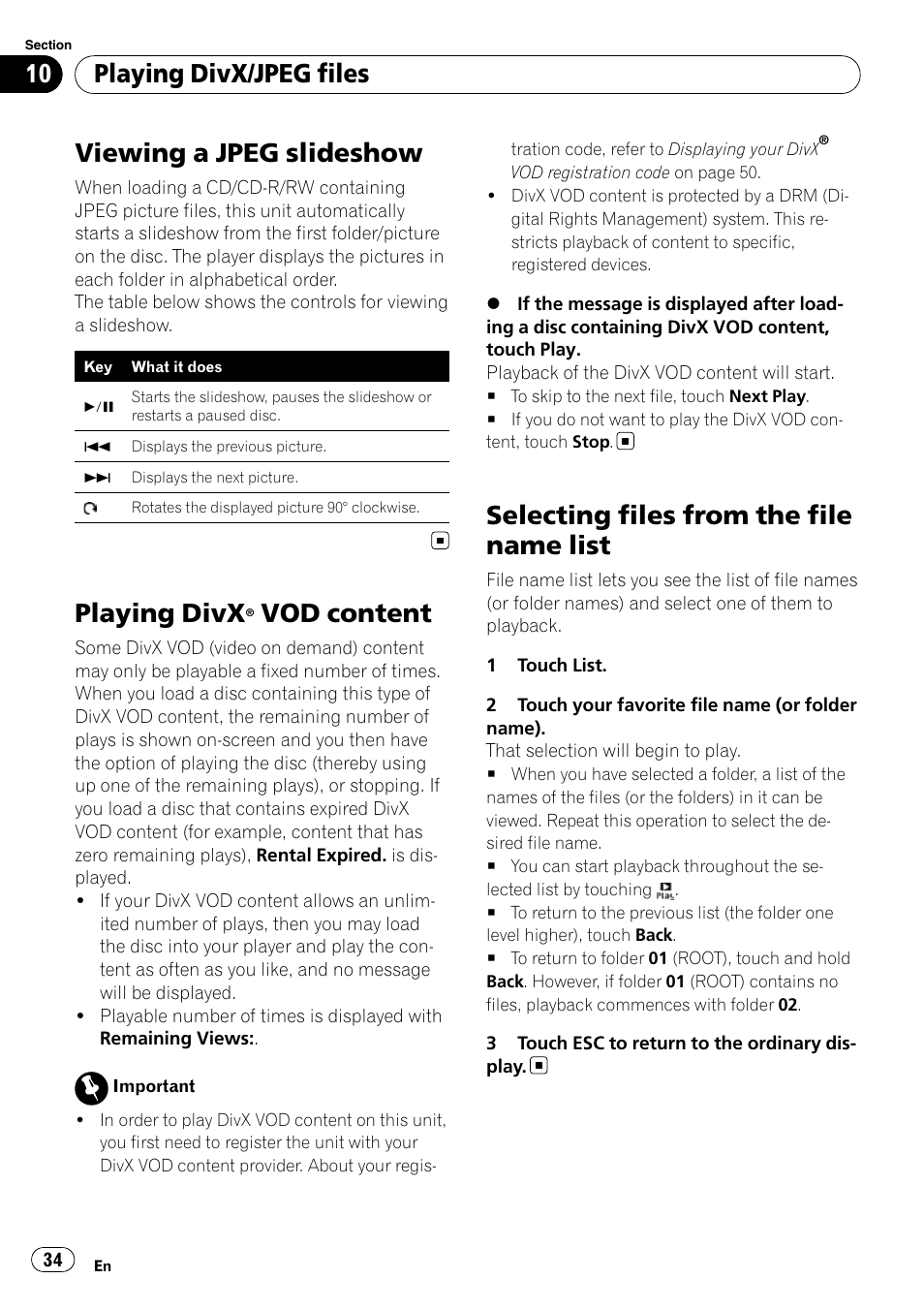 Viewing a jpeg slideshow, Playing divx® vod content, Selecting files from the file name list | Playing divx, Vod content, Playing divx/jpeg files | Pioneer DVD AV RECEIVER AVH-P3100DVD User Manual | Page 34 / 117
