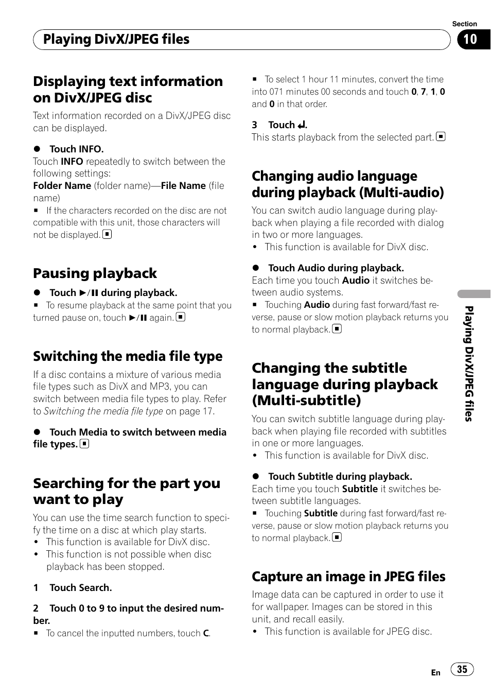 Displaying text information on divx/jpeg, Disc, Pausing playback | Switching the media file type, Searching for the part you want to play, Changing audio language during playback, Multi-audio), Changing the subtitle language during, Playback (multi-subtitle), Capture an image in jpeg files | Pioneer DVD AV RECEIVER AVH-P3100DVD User Manual | Page 35 / 117