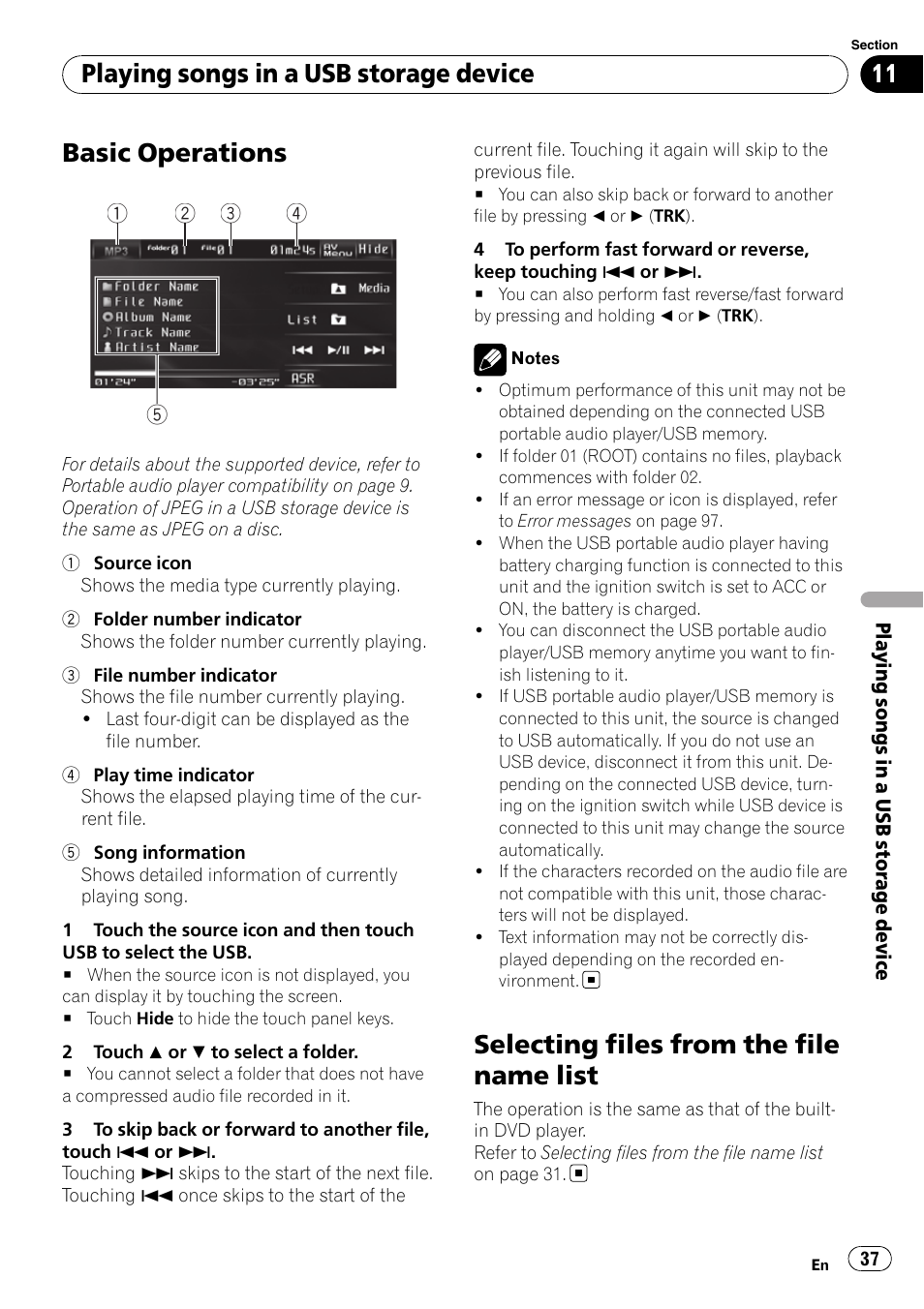 Selecting files from the file name list, Basic operations, Playing songs in a usb storage device | Pioneer DVD AV RECEIVER AVH-P3100DVD User Manual | Page 37 / 117