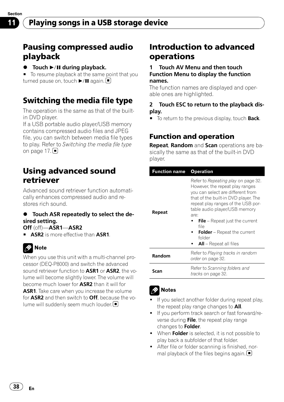 Pausing compressed audio playback, Switching the media file type, Using advanced sound retriever | Introduction to advanced operations, Playing songs in a usb storage device, Function and operation | Pioneer DVD AV RECEIVER AVH-P3100DVD User Manual | Page 38 / 117