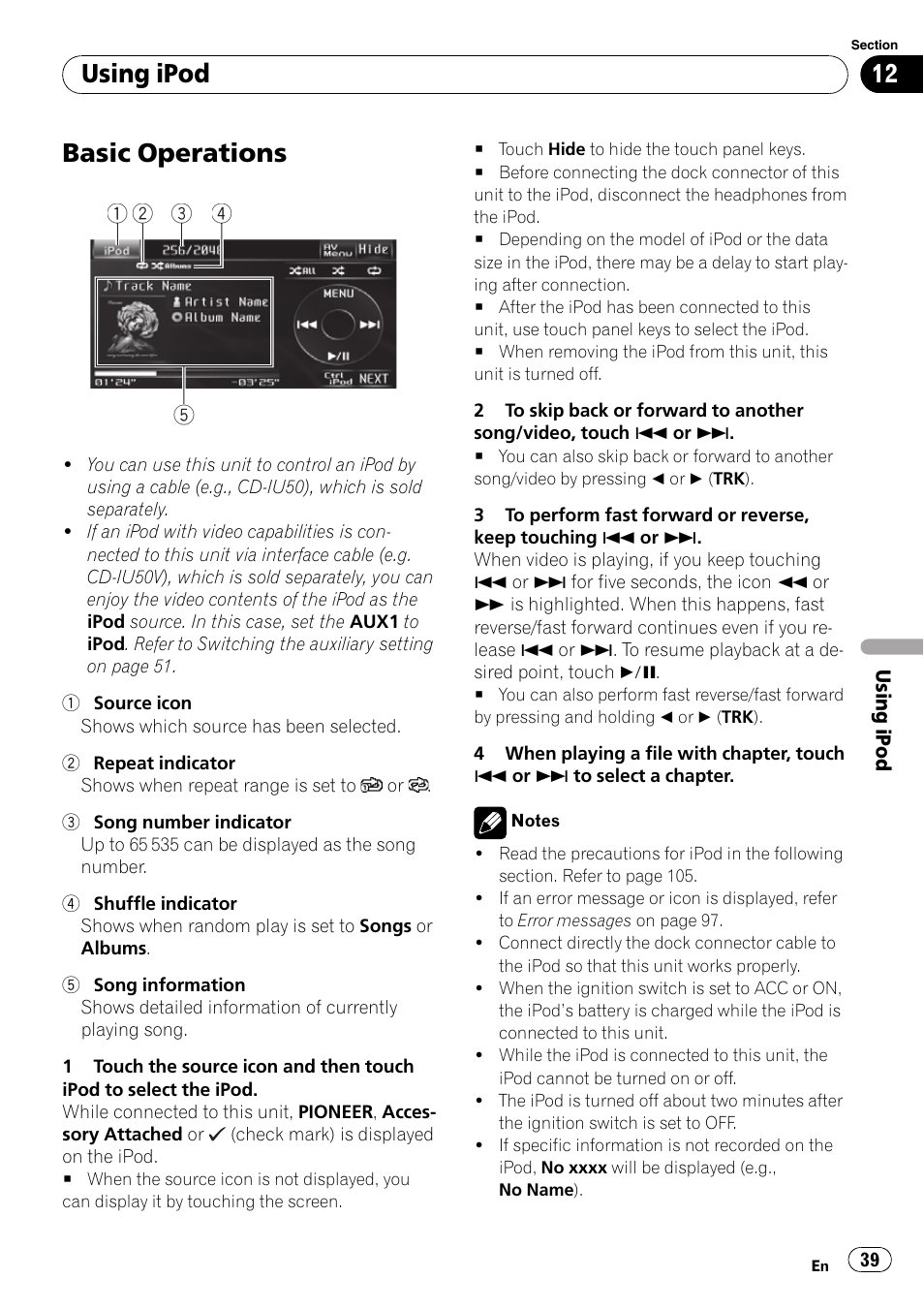 Using ipod basic operations, Basic operations, Using ipod | Pioneer DVD AV RECEIVER AVH-P3100DVD User Manual | Page 39 / 117