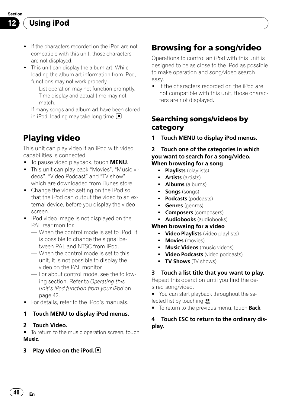 Playing video, Browsing for a song/video, Using ipod | Searching songs/videos by category | Pioneer DVD AV RECEIVER AVH-P3100DVD User Manual | Page 40 / 117