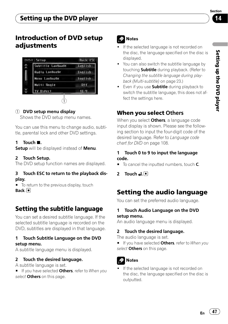 Setting the subtitle language, Setting the audio language, Introduction of dvd setup adjustments | Setting up the dvd player, When you select others | Pioneer DVD AV RECEIVER AVH-P3100DVD User Manual | Page 47 / 117