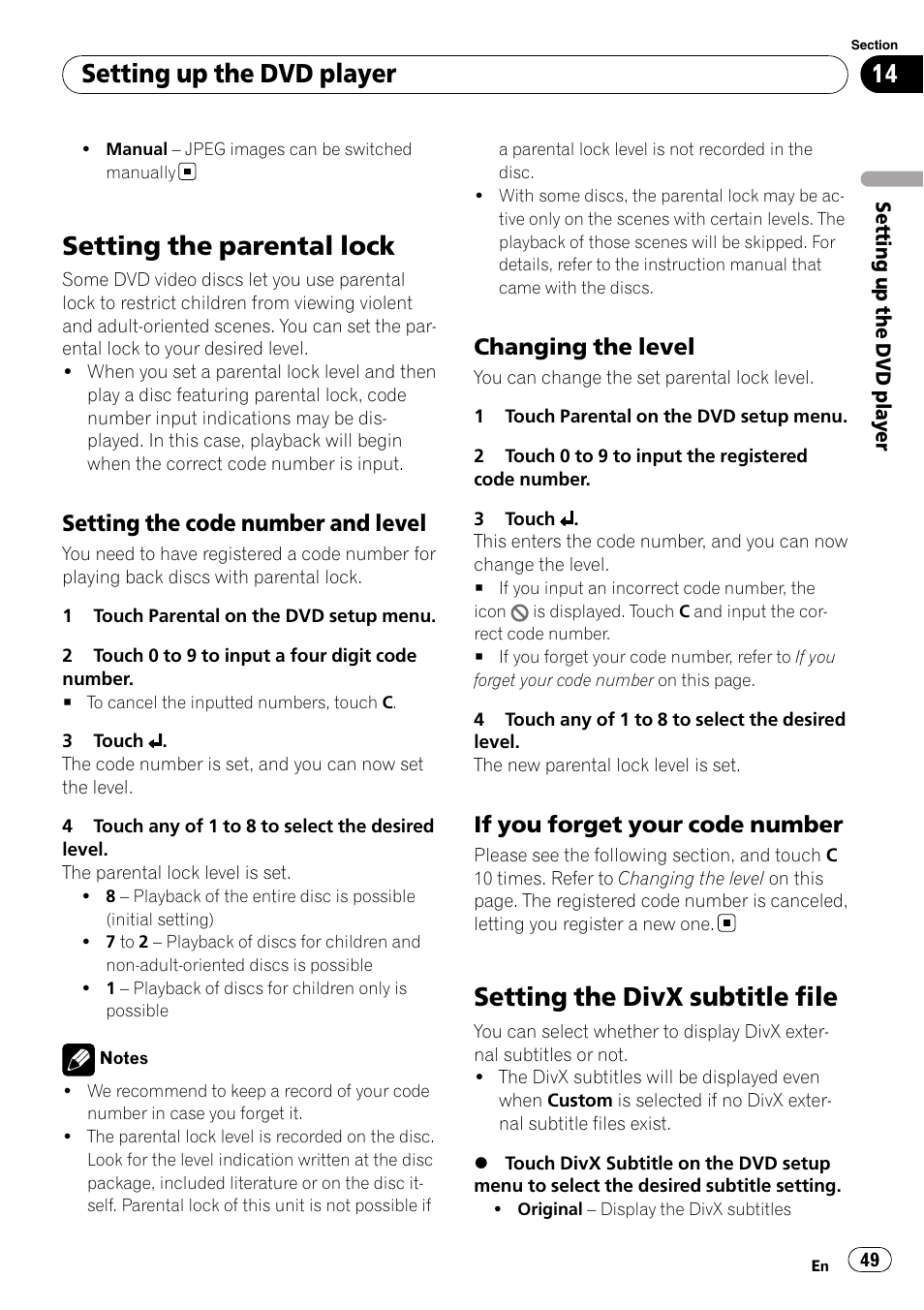 Setting the parental lock, Setting the divx subtitle file, Setting up the dvd player | Setting the code number and level, Changing the level, If you forget your code number | Pioneer DVD AV RECEIVER AVH-P3100DVD User Manual | Page 49 / 117