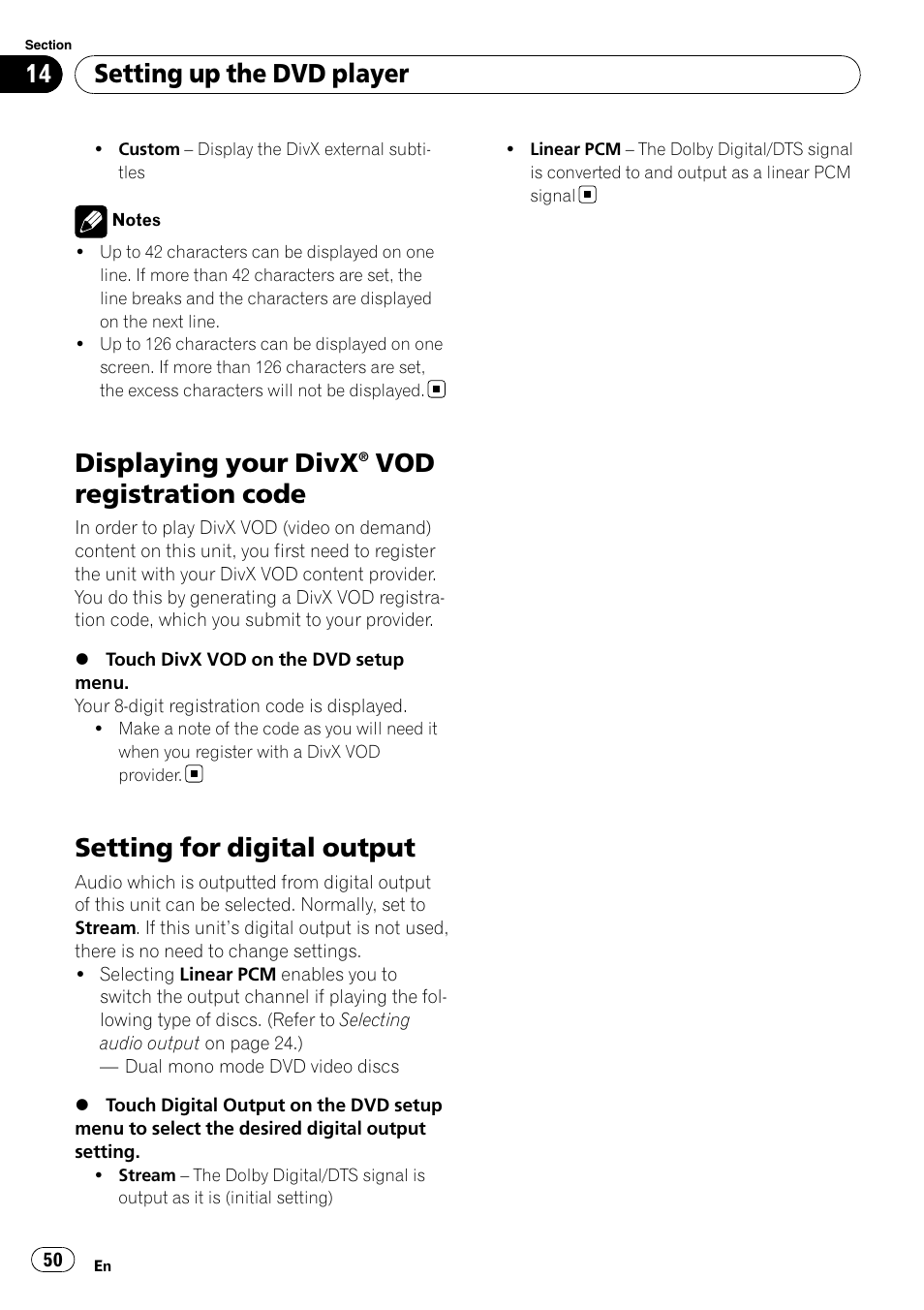 Displaying your divx® vod registration, Code, Setting for digital output | Displaying your divx, Vod registration code, Setting up the dvd player | Pioneer DVD AV RECEIVER AVH-P3100DVD User Manual | Page 50 / 117